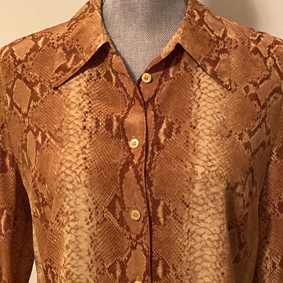 90’s Y2K Mob Wife Vintage Silk Snake Print Blouse Gold Brown Tan Size 38 Small - Picture 3 of 9